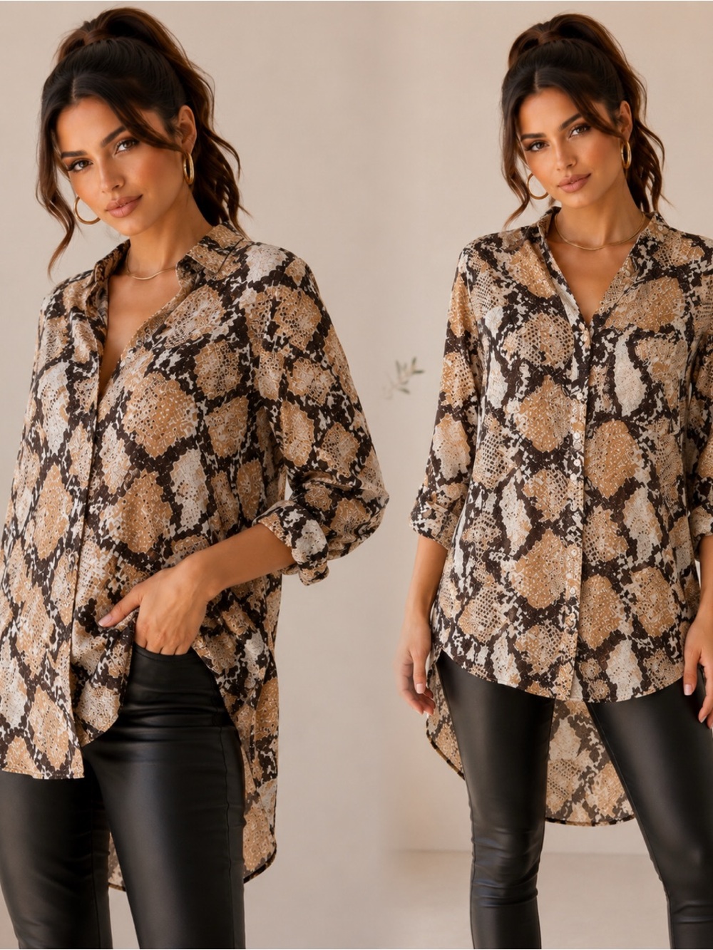 Snake-Print High-Low Button-Front Blouse - Brown